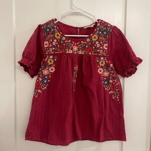 Savana Jane Cottagecore Cotton Embroidered Floral Peasant Top - Deep Wine Red
